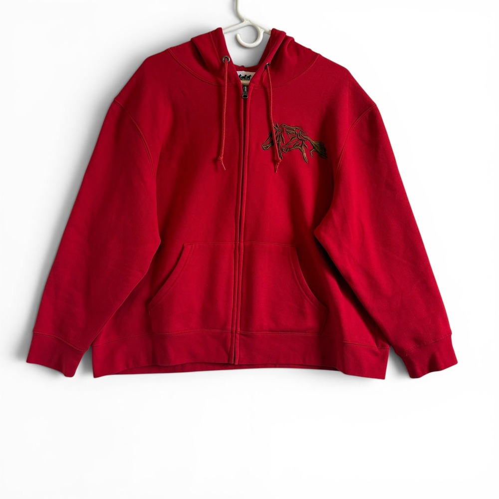Back In The Saddle Women's Red Embroidered Horse Zip Up Hoodie Sweatshirt 1X